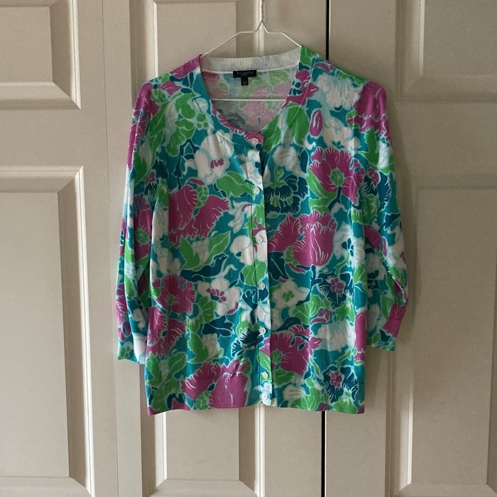 Talbots women’s petite XL button down sweater 3/4 sleeve floral print spring